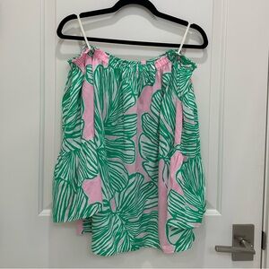 Lily Pulitzer Green and Pink Leaf Print Off the Shoulder Top